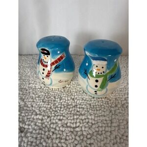 VTG Hand Painted Snowman Salt and Pepper Shakers Ceramic Blue Winter Holiday